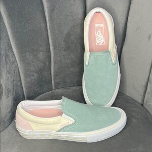 Vans Mint Green and Peach Slip-On Sneakers